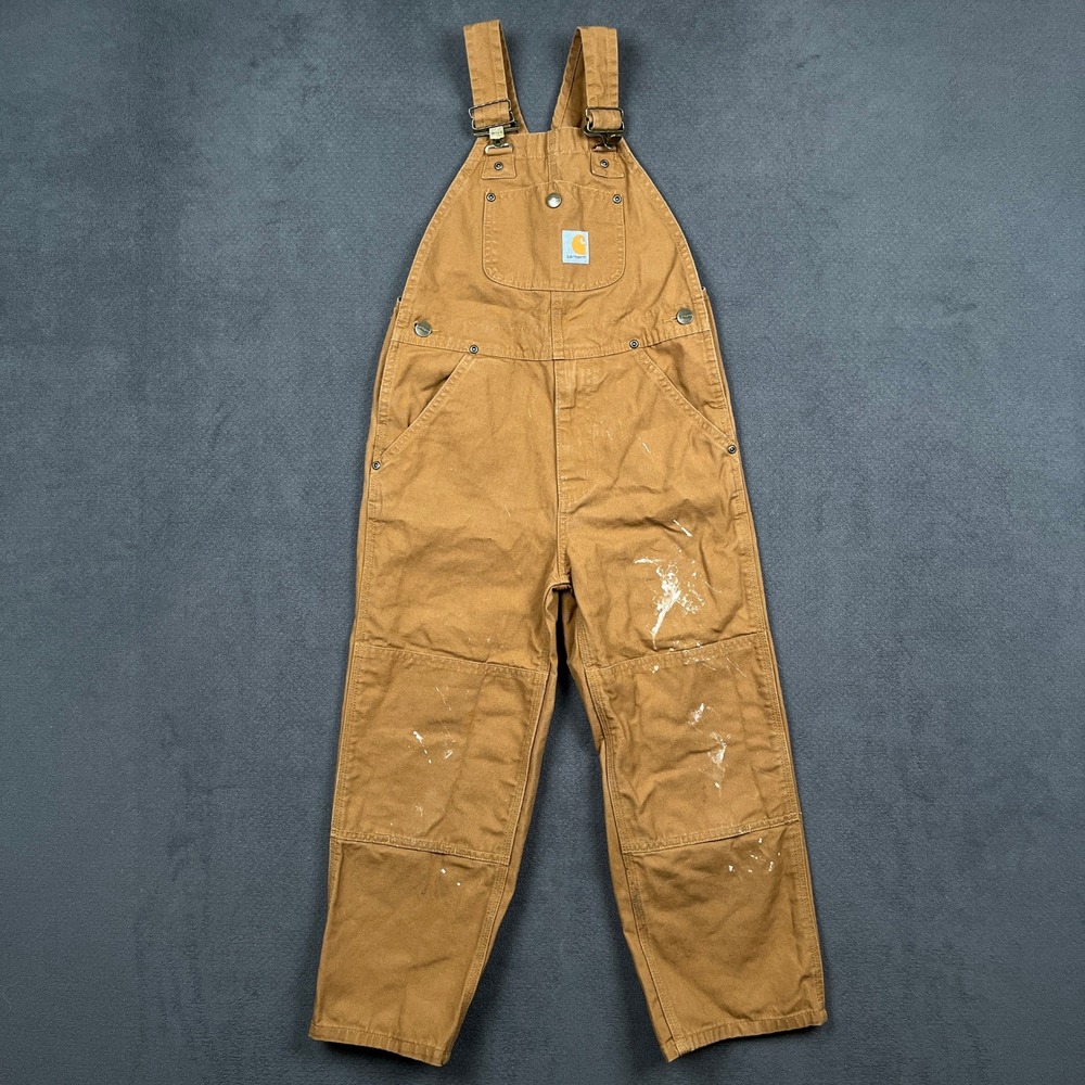 Carhartt Bib Overalls Kids 7 Brown Duck Canvas Double Knee Workwear